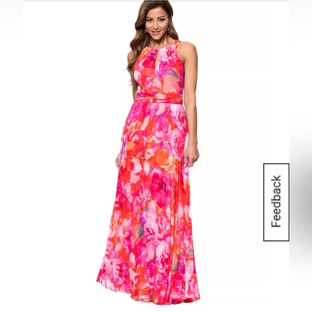 Xscape Halter Neck Floral Printed Chiffon Gown
